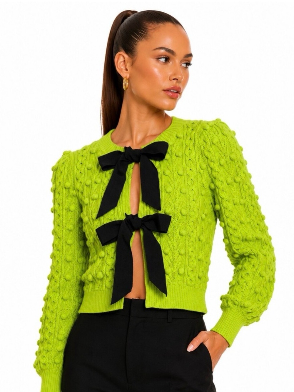 Alice + Olivia Neon Lime Cropped Cable-Knit Cardigan with Black Bows - xs